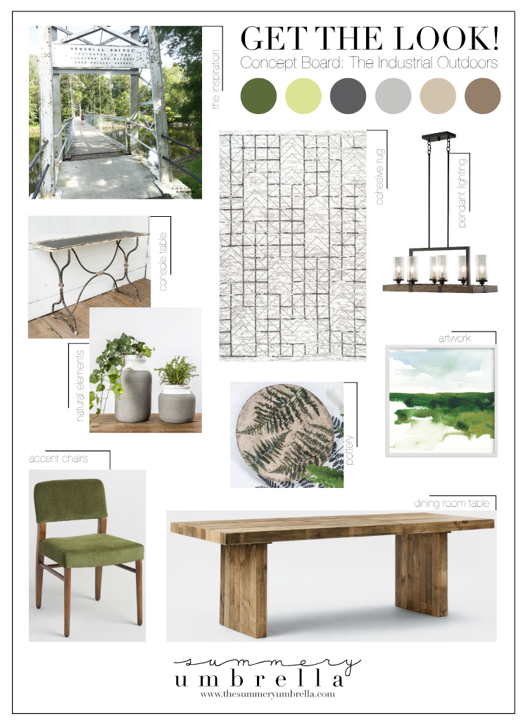 Looking for an interesting way to bring the outdoors inside? Get the look with with this industrial outdoors dining room concept board that shows you how!