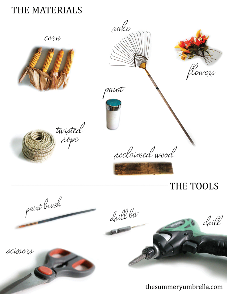 All you need to make this festive DIY fall rake decor is an old rake, some fall foliage and dried corn to create this beauty!