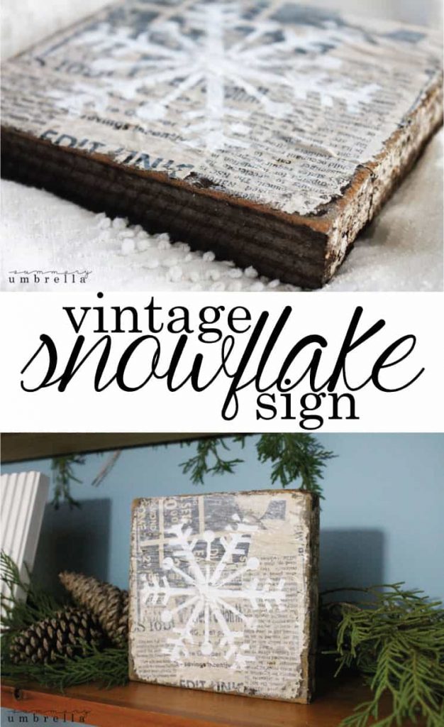 This DIY vintage snowflake sign is not ONLY gorgeous, but super simple as well. It includes easy to find supplies, a FREE snowflake stencil, AND a video! Make your own wood snowflake wall art with these easy tutorial. #diysigns #farmhouse #thesummeryumbrella