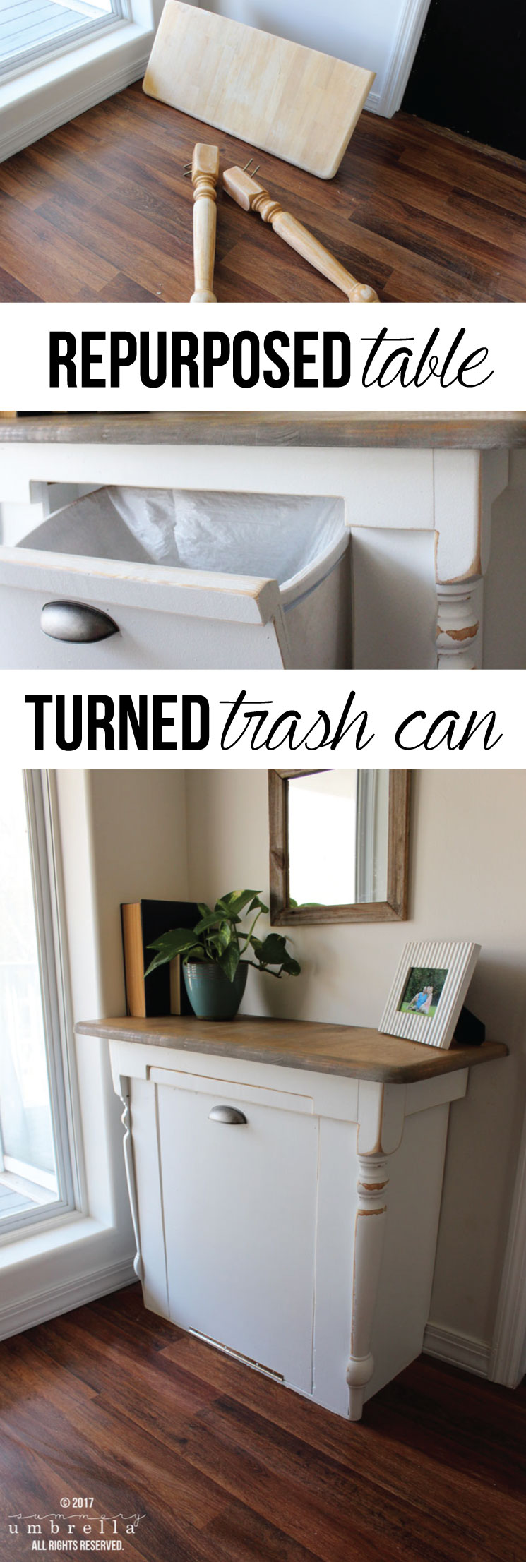 Inspiration is coming your way! Ever wondered what you could do with that old table you have lying around? Well, turn it into a wood tilt out trash can!