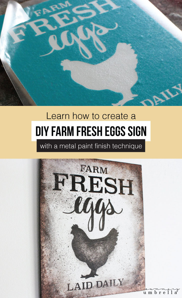 Create your very own DIY Farm Fresh Eggs Sign with a Faux Metal Paint Finish. Video tutorial included. Learn how today! #diysign #diywoodsign #diyfarmhousesign #diyfarmfresheggssign #metalpaintfinish #signtutorial 