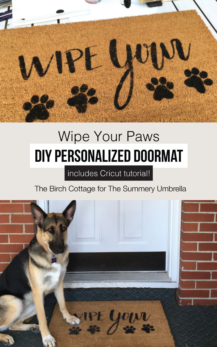 Create this easy Wipe Your Paws DIY Personalized Doormat with your Cricut to add some personality to your home. Come learn how to paint a coir doormat using a stencil and outdoor paint! #diydoormat #frontporch #cricut #cutfile #svgcutfiles #SVG #thesummeryumbrella