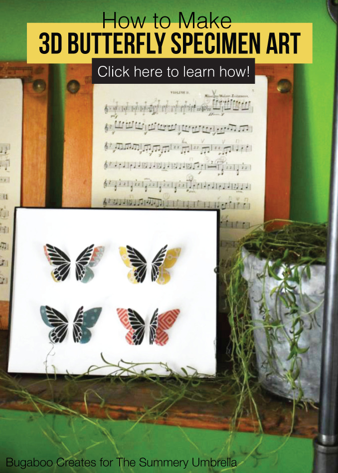 Learn how to make DIY butterfly specimen art in fun spring colors using simple tools and materials with this easy tutorial. #butterflies #wallart #TheSummeryUmbrella #LZCathcart