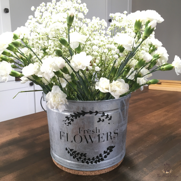 French inspired DIY Flower Market Bucket with white carnations