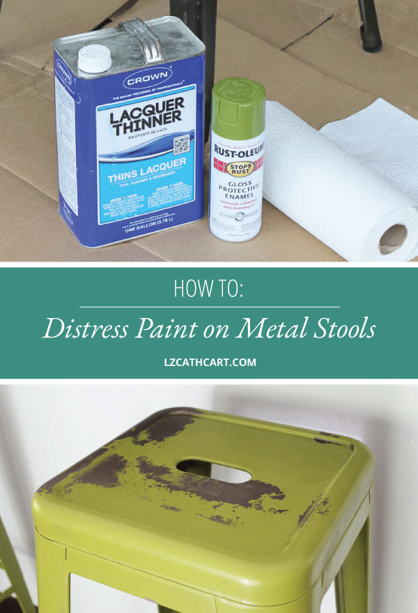 Not a fan of the color of your metal stools? Don't worry! Learn how to paint and distress metal with this quick and easy tutorial. #paintmetal #paintbarstools #diymetalstools #distresspaint