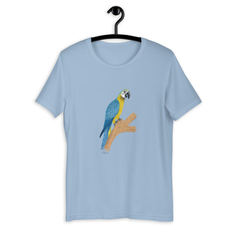 blue and gold parrot heather blue t-shirt