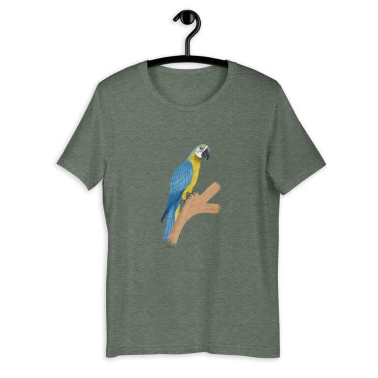 blue and gold parrot heather green t-shirt
