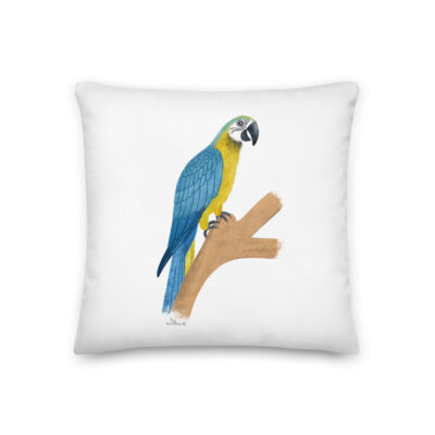 blue and gold parrot pillow
