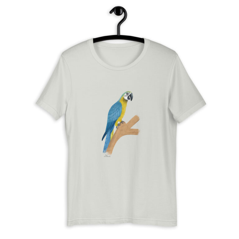blue and gold parrot silver t-shirt