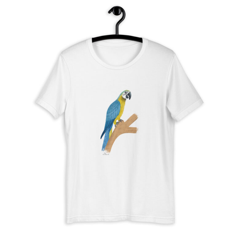 blue and gold parrot white t-shirt