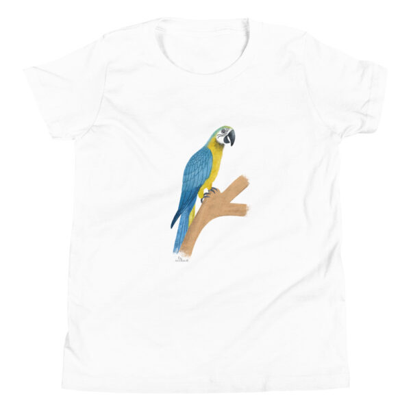 blue and gold parrot white tshirt