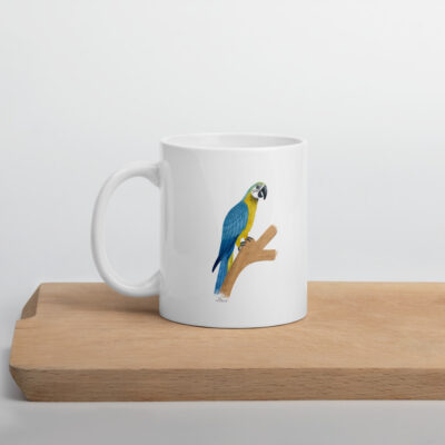 white parrot mug