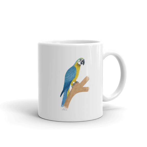 gold and blue parrot mug