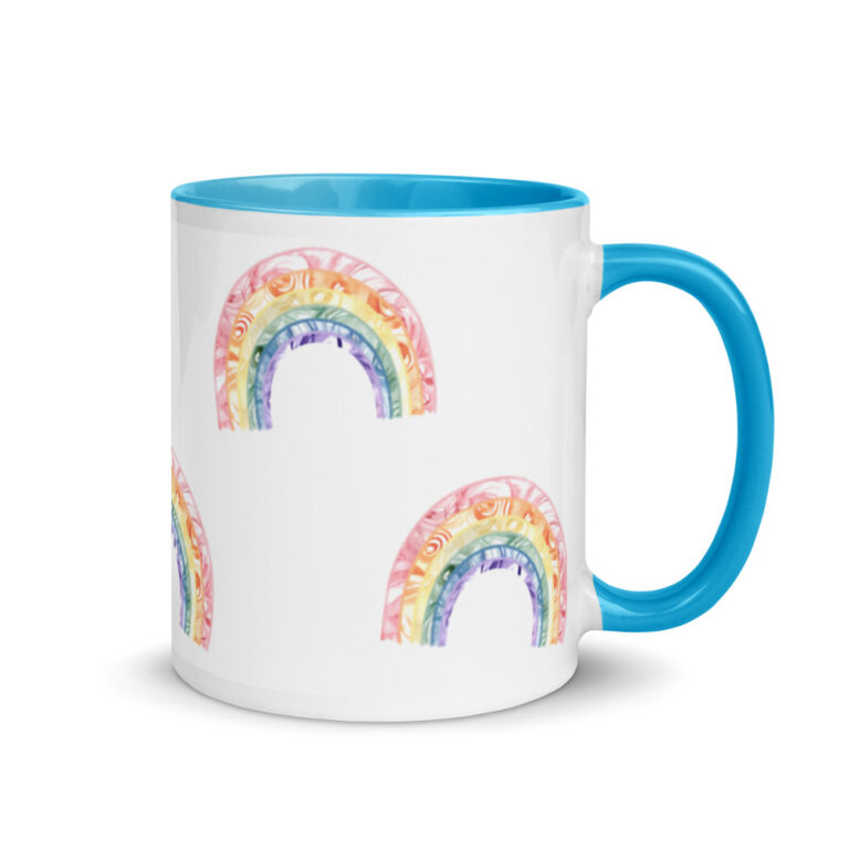 Watercolor Rainbow mug blue handle