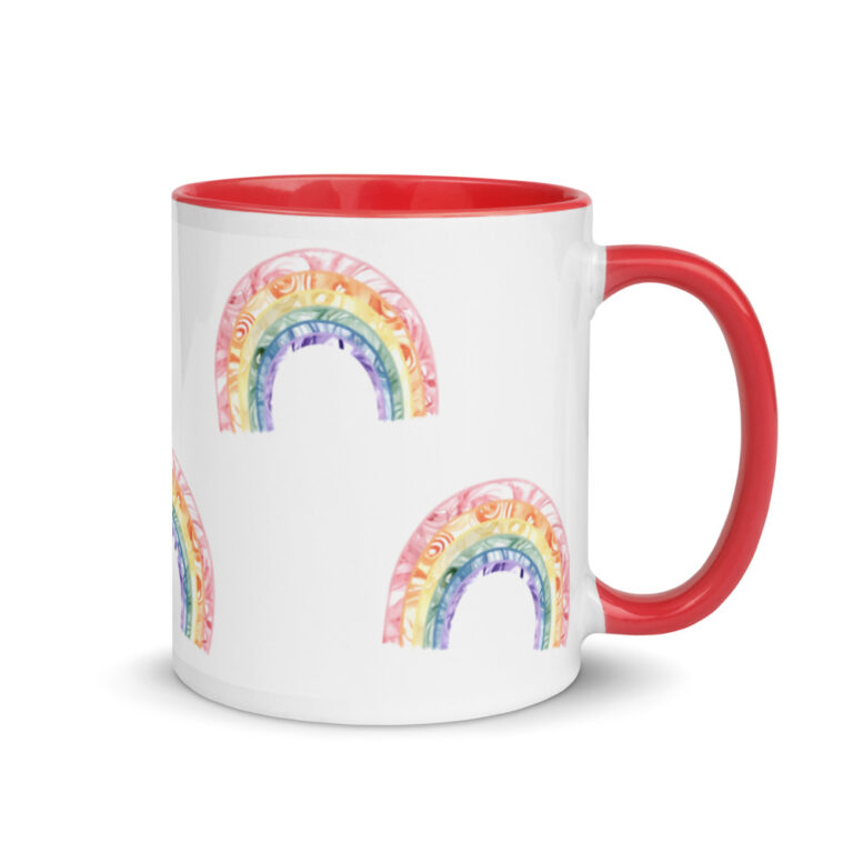 Watercolor Rainbow mug red handle