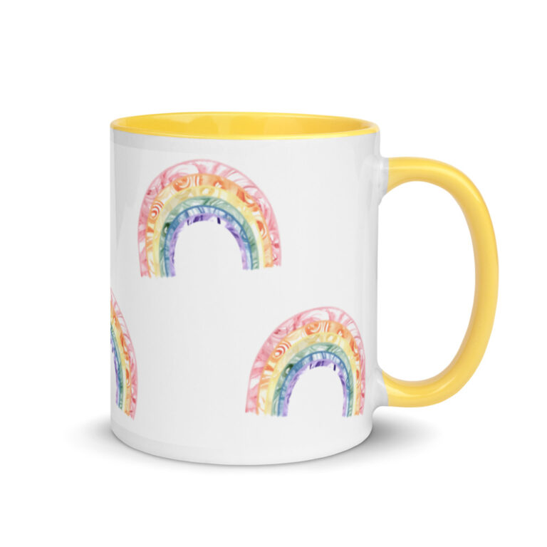 Watercolor Rainbow mug yellow handle