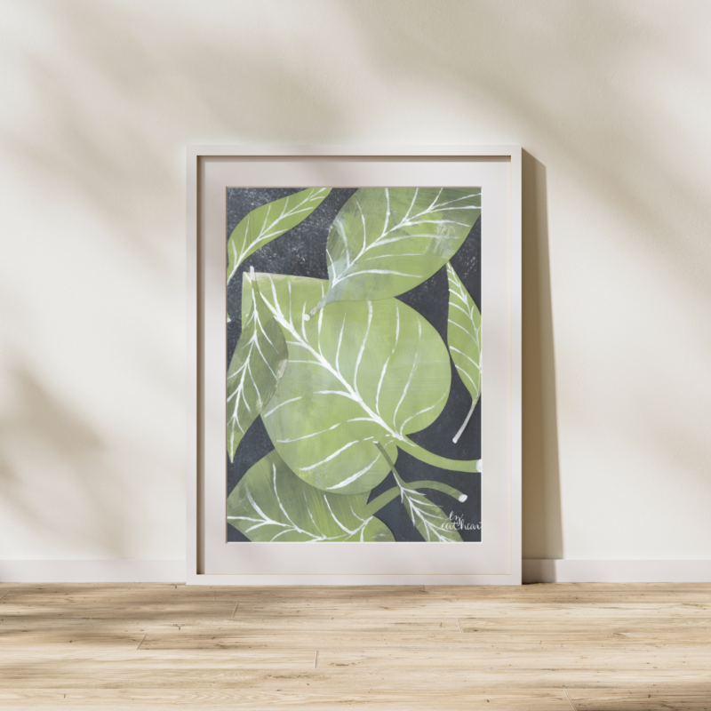 A stunning art print featuring 'Midnight and Lime Leaves' - an enchanting blend of dark foliage with a pop of vibrant lime green.