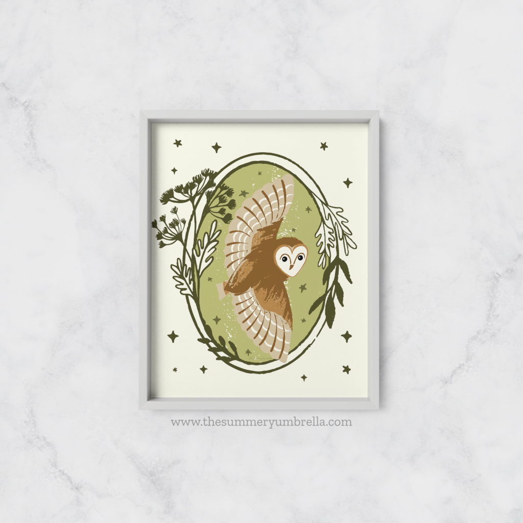 enchanted owl in green art print