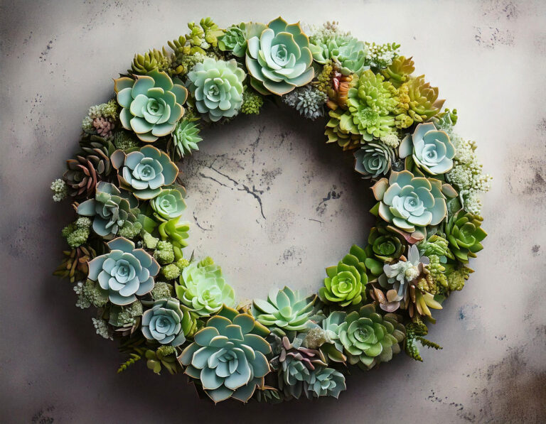 Modern succulent wreath with various green shades on concrete wall