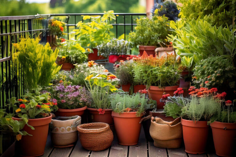 Various sized pots, planters, and fabric bags filled with colorful flowers and lush herbs create a vibrant urban oasis.