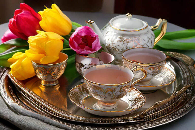 Teacup tulip garden centerpiece on vintage tray