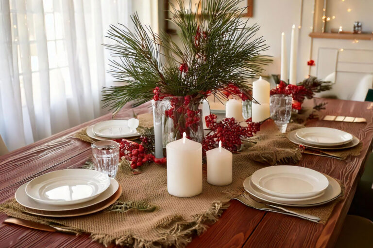 A rustic wooden dining table decorated with a burlap runner, white pillar candles, pine branches, and red berries. Vintage white plates and mason jar glasses complete the farmhouse Christmas table decor.