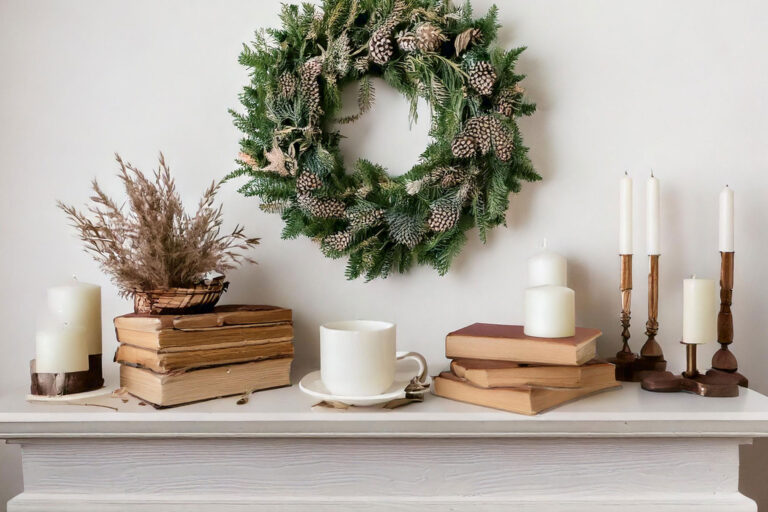 Warm and inviting fireplace with beautifully styled mantel and soft lighting