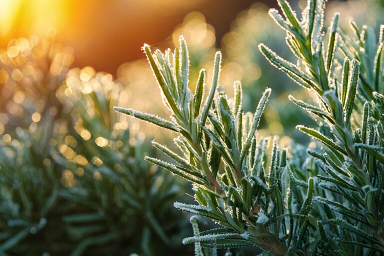 Frost-covered rosemary leaves glistening in morning sunlight