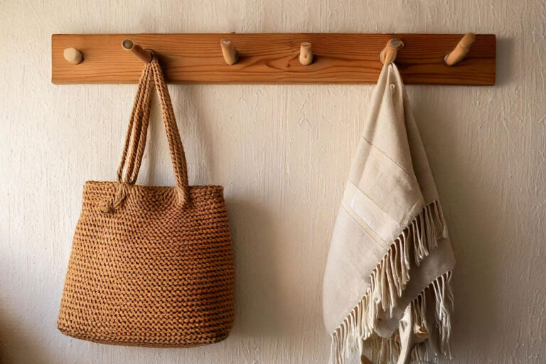 DIY wooden wall hooks in neutral colors with hanging items