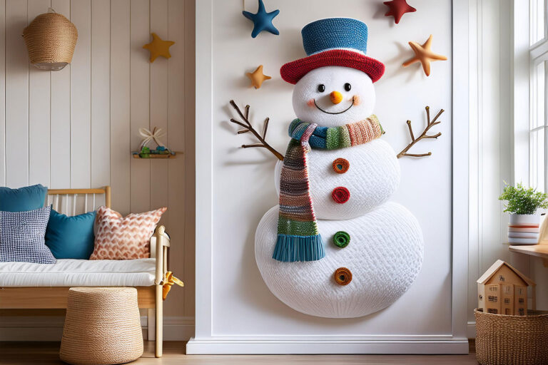 Interactive felt snowman wall decor in vibrant kids' playroom with customizable accessories