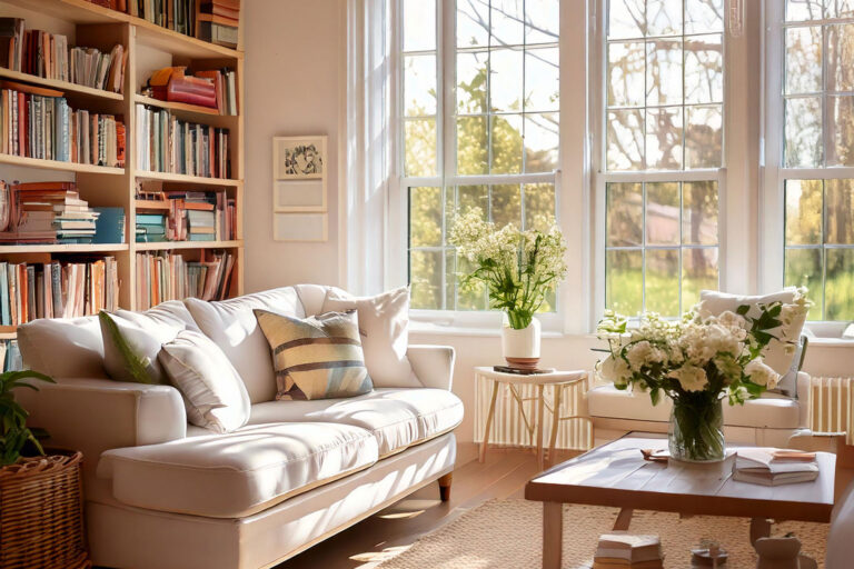 Bright, decluttered living room with organized bookshelves and spring flowers