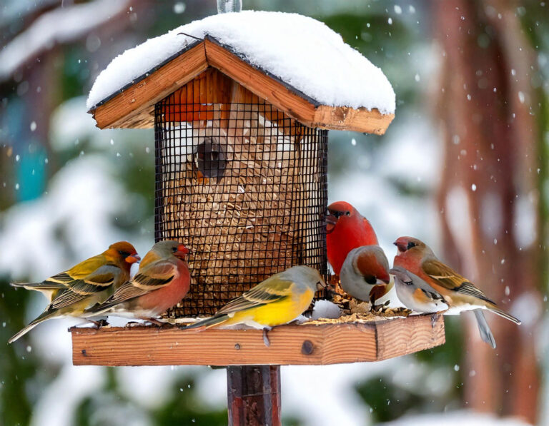 Diverse winter birds feeding at a backyard bird feeder