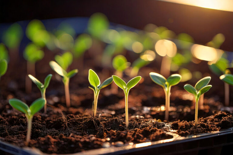 Tiny green seedlings emerging from dark soil in seed starting tray