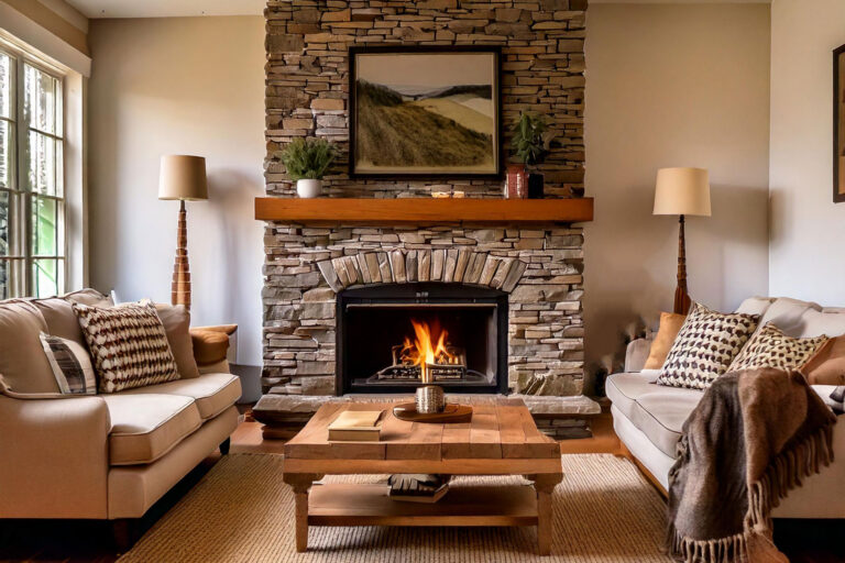 A warm and inviting living room with a large stone fireplace, plush sofas covered in chunky knit blankets, and a rustic wooden coffee table. Soft lighting from wall sconces and a antler chandelier creates a cozy atmosphere.