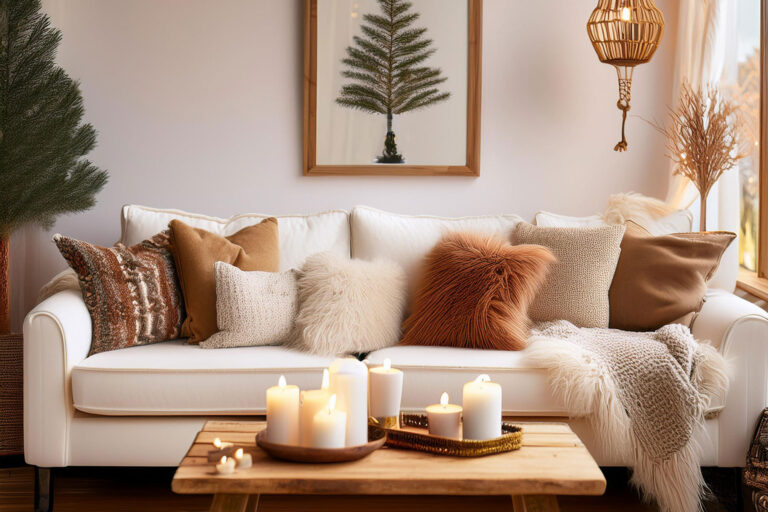 Cozy winter living room with plush textiles and soft lighting