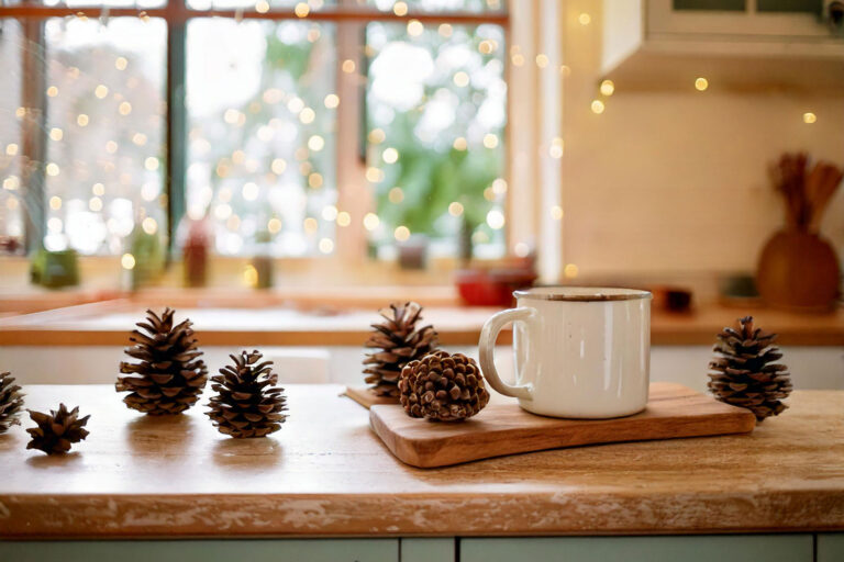 A rustic kitchen countertop with a wooden cutting board, pine cones, and a steaming mug of hot chocolate. Warm, ambient lighting and a window showing a snowy scene outside.