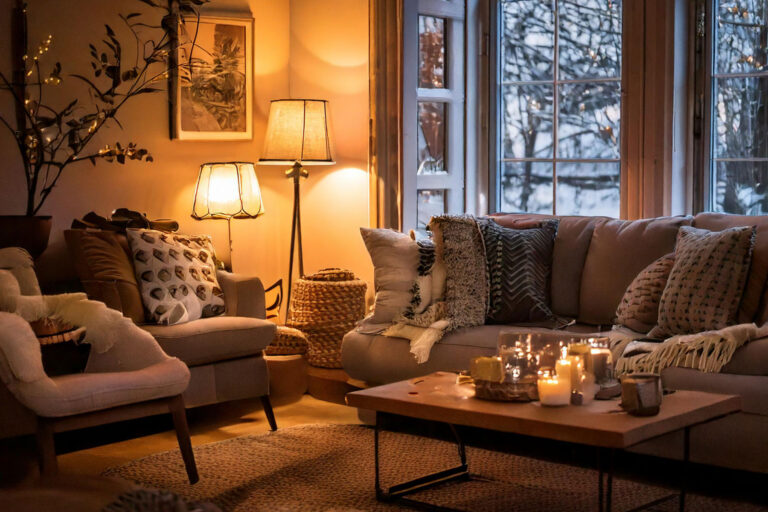 Cozy living room with soft winter lighting from lamps and candles