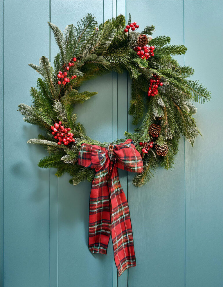 Festive evergreen wall swag with pinecones and plaid ribbon