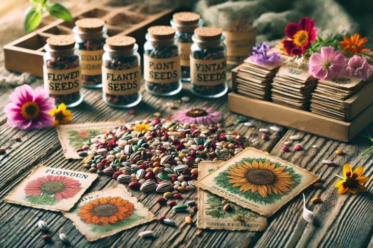 Assorted spring flower seeds and vintage seed packets arranged on wooden surface