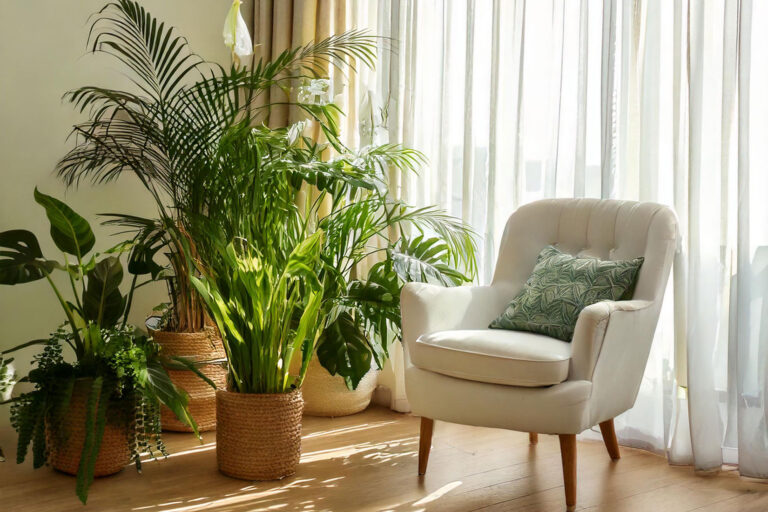 Sunlit living room corner showcasing various healthy spring indoor plants in decorative pots