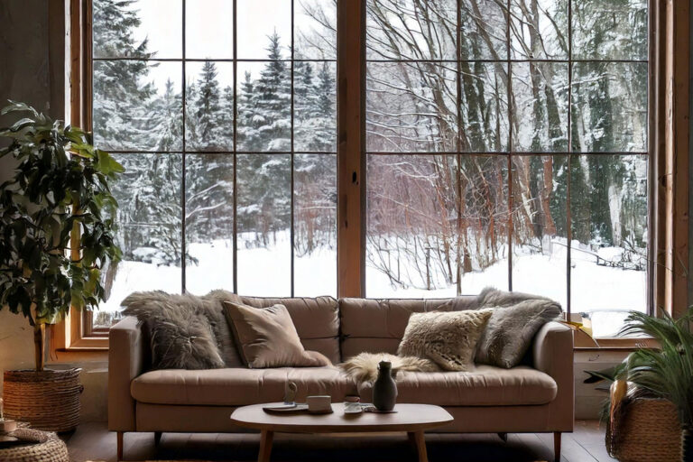 A cozy living room with large windows showing a snowy landscape, filled with lush green plants, warm lighting, and natural textures like wood and stone.