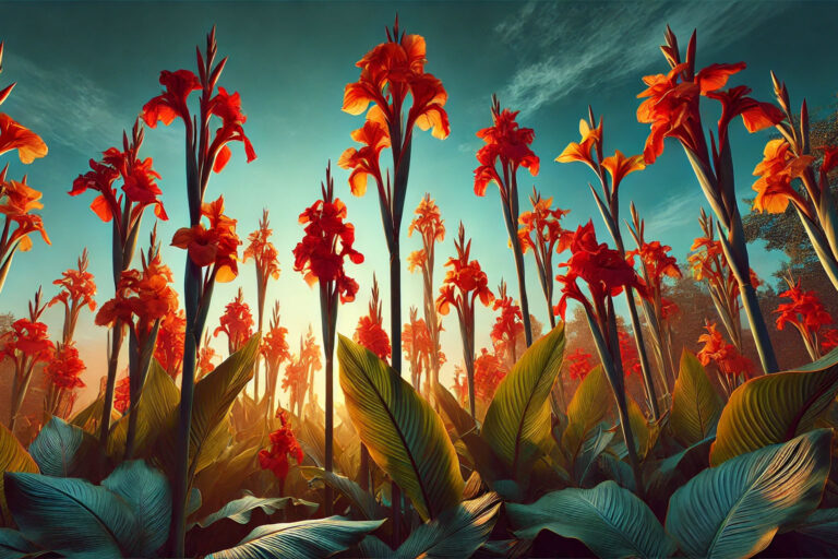 Towering canna lilies displaying vibrant red and orange flowers with large tropical leaves