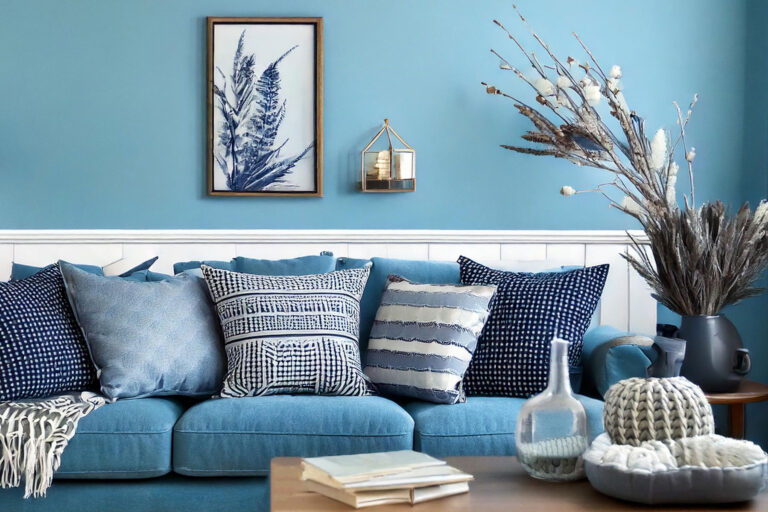 Cozy blue-toned living room with icy walls and navy accents