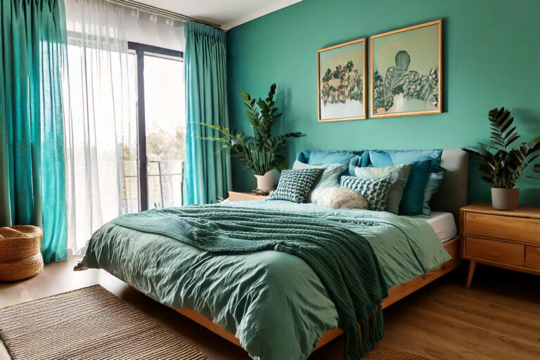 Serene bedroom interior showcasing a calming color palette of blues and greens, demonstrating color psychology in relaxation spaces