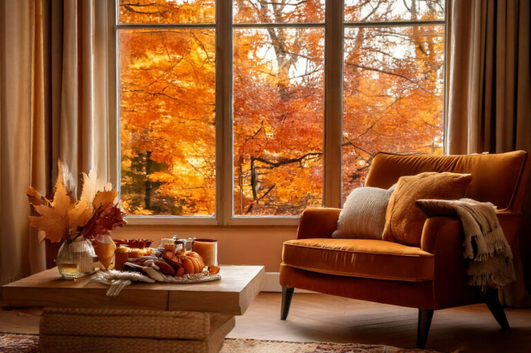 Warm and inviting autumn living room featuring seasonal décor with pumpkins, velvet furniture, and cozy throws, bathed in golden afternoon light