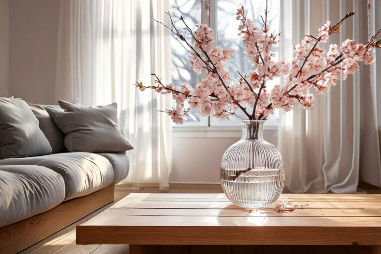 Minimalist spring living room with cherry blossom branch in clear vase on wooden coffee table