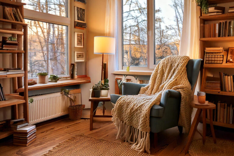 Sunlit window nook with comfortable armchair and floating bookshelves