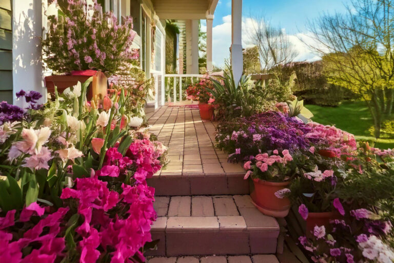 Inviting spring front porch decorated with colorful hanging flower baskets and a charming vintage wheelbarrow filled with seasonal blooms