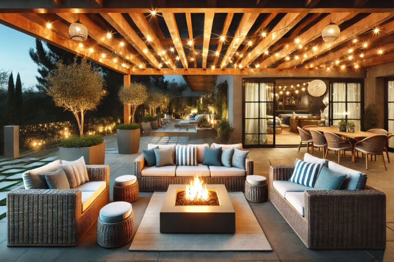 Inviting outdoor living space at twilight featuring a pergola with string lights, comfortable seating, and a fire pit, showcasing indoor-outdoor living design