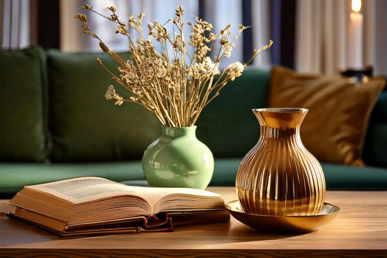 Coffee table vignette with vase, candlestick, and book